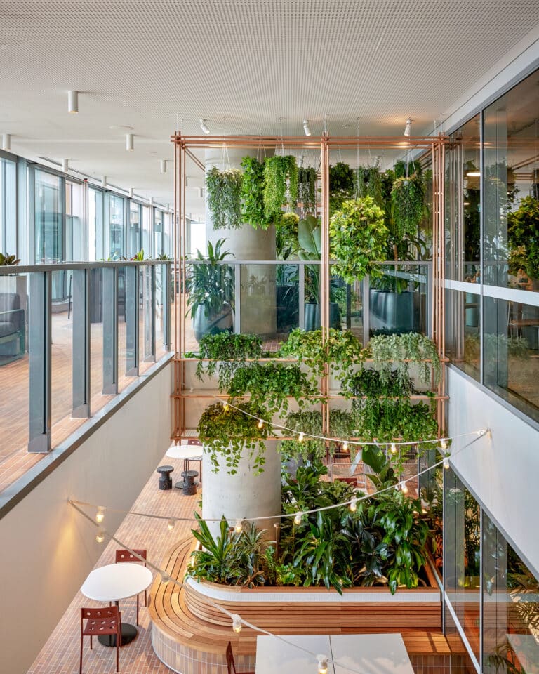 Interior atrium at Endeavour Energy featuring a multi-level indoor garden with hanging plants, glass walls, and seating areas below.