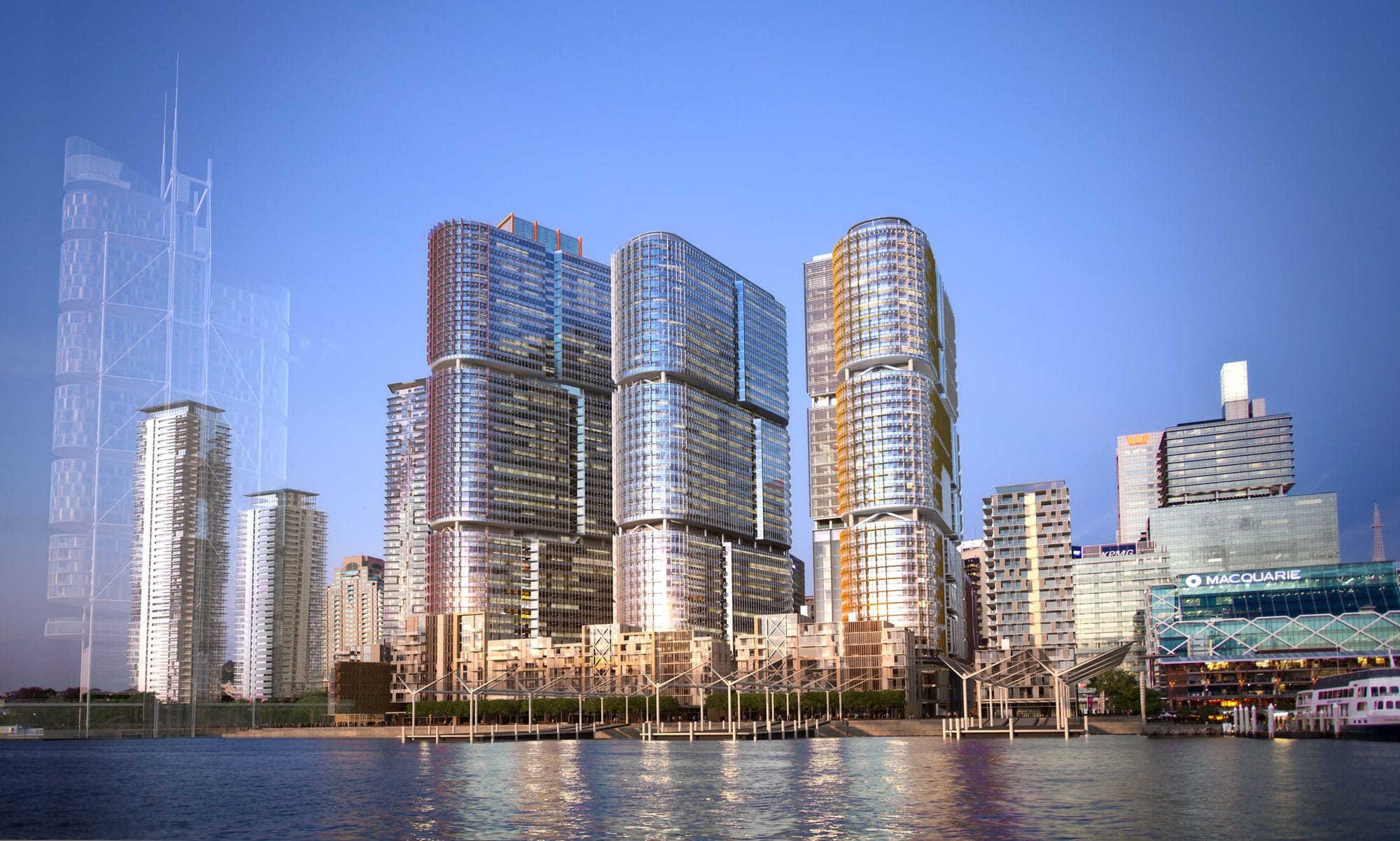 Barangaroo South waterfront development with modern mixed-use towers, commercial offices, and residential buildings on Sydney Harbour