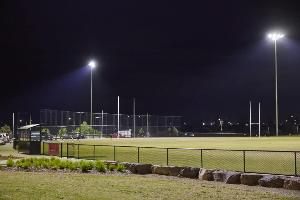Clyde Recreation Reserve Pavilion sports field at night