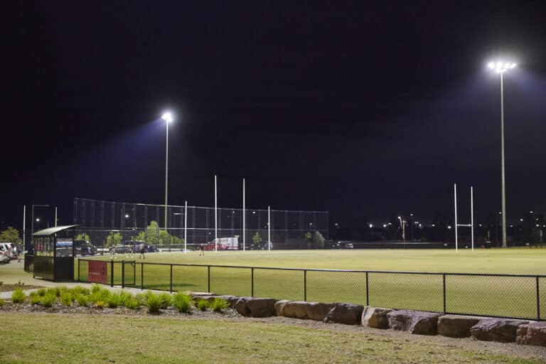 Clyde Recreation Reserve Pavilion sports field at night