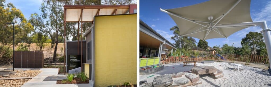 Highton Child and Family Centre exterior with nature-based playground, shaded outdoor learning spaces, and community-focused early childhood education facilities
