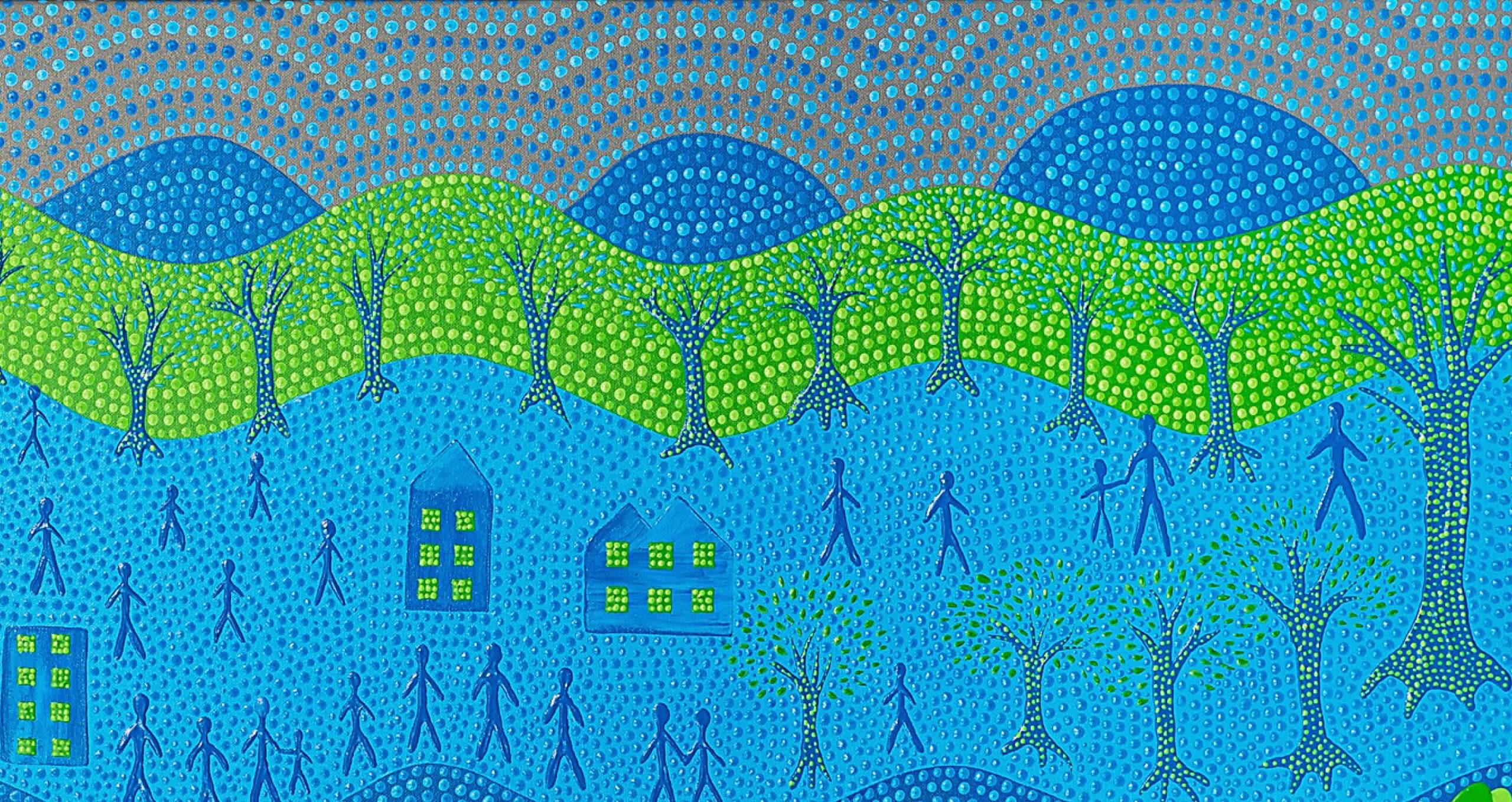 Stylised landscape artwork featuring blue and green dotted hills, abstract trees, and stick-figure people interacting in a vibrant community setting, with houses scattered across the scene in a dot-painting style.