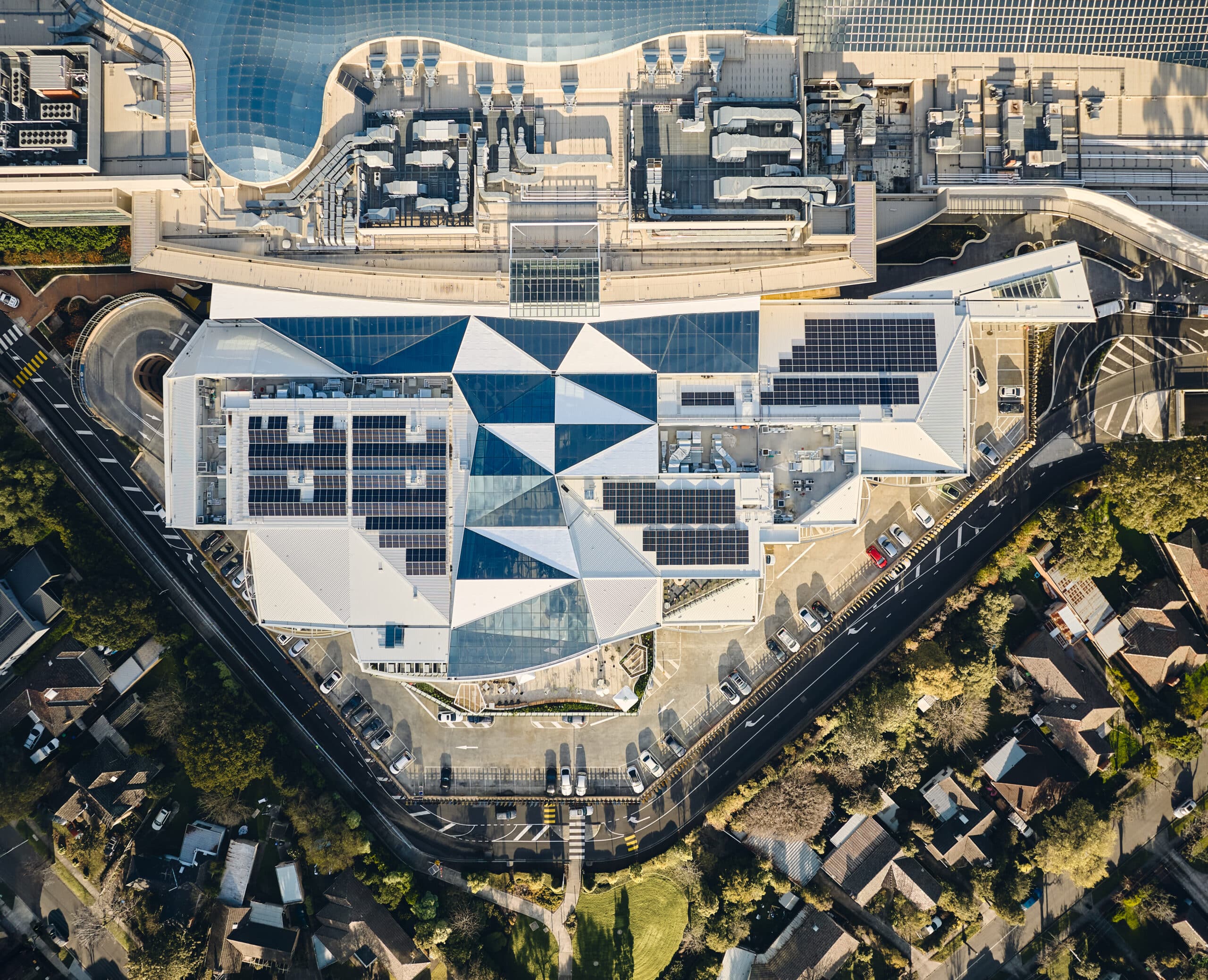 Aerial view of the rooftop carpark and solar panels