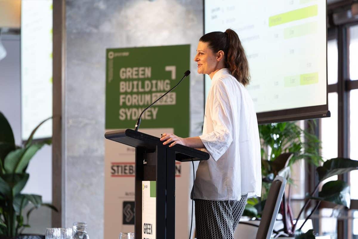 GBCA speaker presenting Green Star Buildings v1.1 update on stage at Green Building Forum 2025 Sydney
