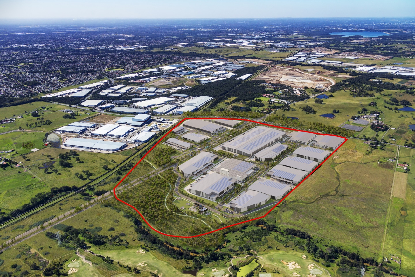 Aerial view of industrial estate with planned warehouses outlined in red amidst surrounding landscape